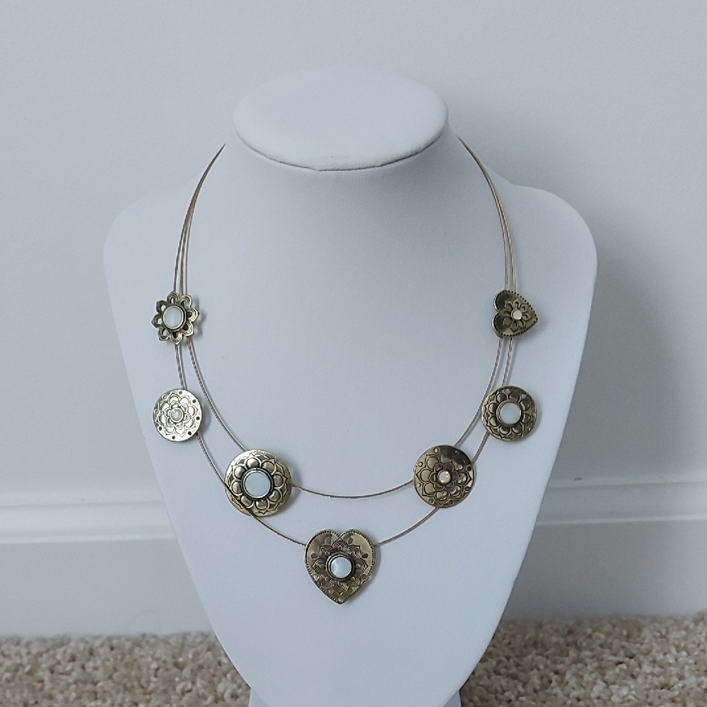 Champagne Gold-Tone Double Layer Heart Circle Pendant Necklace